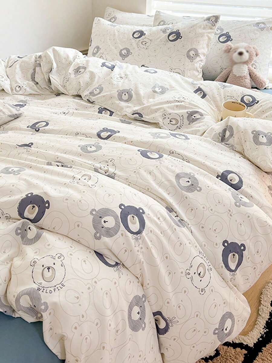 2/3件組熊灰色圖案超柔軟甜美可愛女款宿舍裝飾水洗滌滌綸床上用品套裝，Twin XL/Twin/Full/Queen尺寸可選，春夏風格 - 灰色 - 查看 1