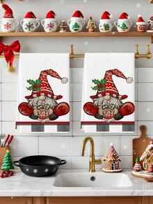 2pcs Santa Gnome Red Truck And Christmas Tree Print Kitchen Towels, Merry Holiday Winter Design Dish Cloths, Suitable For Kitchen Cleaning & Christmas Decor - Red and White - View 8