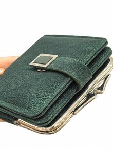 Women's Short Wallet Card Holder, INS Style Vintage Metal Clasp, Textured PU Leather, Multi-Layer Card Slots, Large Capacity Design, Exquisite Snap Closure, Elegant Fashionable, Wear-Resistant Durable, Compact And Lightweight, Easily Matches Your Daily Outfit - Dark Green - View 2