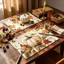 1/4/6pcs Autumn Series White Pumpkin & Autumn Leaf Floral Print Placemats, Heat-Resistant Table Mats For Home Kitchen, Table Protection, Kitchen Dining Table, Party Decor - Multicolor - View 3
