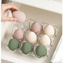 9-Slot Makeup Sponge Storage Tray, PET Material Makeup Puff Holder, Wavy Design Makeup Sponge Storage Rack, Dust-Proof Drawer-Style Vanity Storage Organizer, Multi-Compartment Makeup Tool Display Storage Box, Suitable For Bathroom, Vanity Desktop Makeup Accessory Storage Box, Available In White/Transparent - Multicolor - View 3