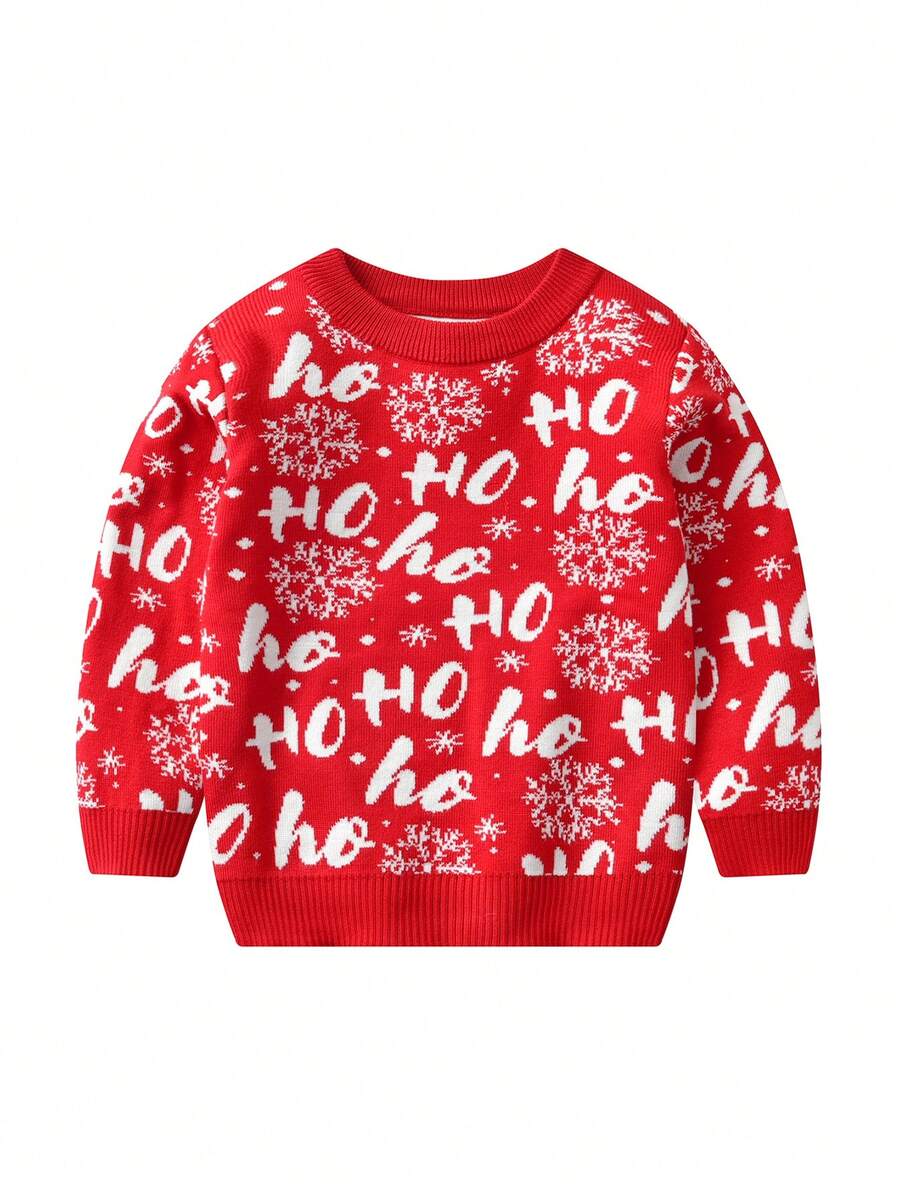Boys' Christmas Knitted Sweater With Crown Pattern Jacquard Round Neck Long Sleeve Pullover, Autumn/Winter - Red - View 1