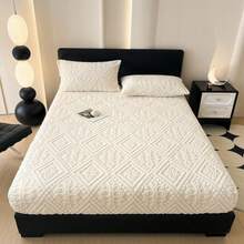 1pc Jacquard Taffeta Fitted Sheet (Pillowcases Not Included) Warm Mattress Protector, Perfect For Autumn And Winter, Deep Pocket Design, Suitable For Bedrooms And Guest Rooms, Made Of Polyester, Machine Washable, Luxurious European-Style, Home Decor - White - View 3