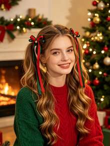1pc Christmas Holiday Style Bell & Bow Hair Clip With Long Contrast Color Ribbon, Party Atmosphere Headpiece - Multicolor - View 1