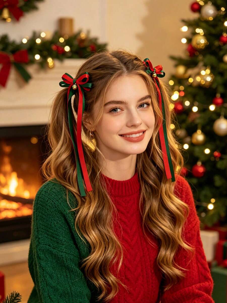 1pc Christmas Holiday Style Bell & Bow Hair Clip With Long Contrast Color Ribbon, Party Atmosphere Headpiece - Multicolor - View 1