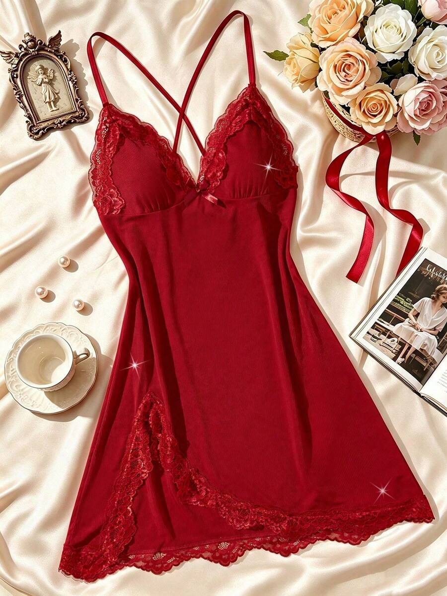 Women's Ribbed Knit Sexy Lingerie Nightgown, Lace Trim Slit Hem, Criss-Cross Back Strap, Soft Elegant Romantic Autumn Sleepwear