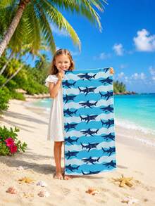 1pc Shark Wave Pattern Kids Beach Towel, Super Absorbent Large Beach Blanket, Suitable For Travel, Swimming Pool, Diving, Surfing, Yoga, Camping, Available In Multiple Sizes, Beach Accessories - Multicolor - View 2