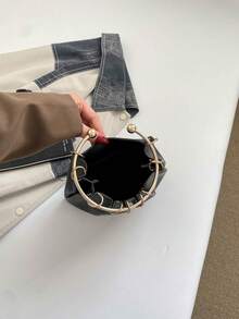 Dedoo 女款抽繩水桶手提包，純色，金屬環頂部手柄，日常收納，極簡休閒風，女款日常約會購物托特包 - 黑色 - 查看 7