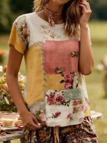 Sweater Kasual Retro Motif Bunga Ukuran Besar untuk Wanita - MultiWarna - View 4