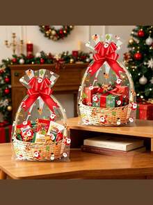 10pcs/Clear Merry Christmas Plastic Gift Bags With Red Satin Ribbon Bow, Christmas Holiday Gift Packaging Supplies, Empty Bags, No Internal Items - Multicolor - View 1