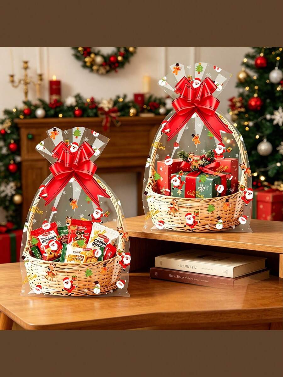 10pcs/Clear Merry Christmas Plastic Gift Bags With Red Satin Ribbon Bow, Christmas Holiday Gift Packaging Supplies, Empty Bags, No Internal Items - Multicolor - View 1