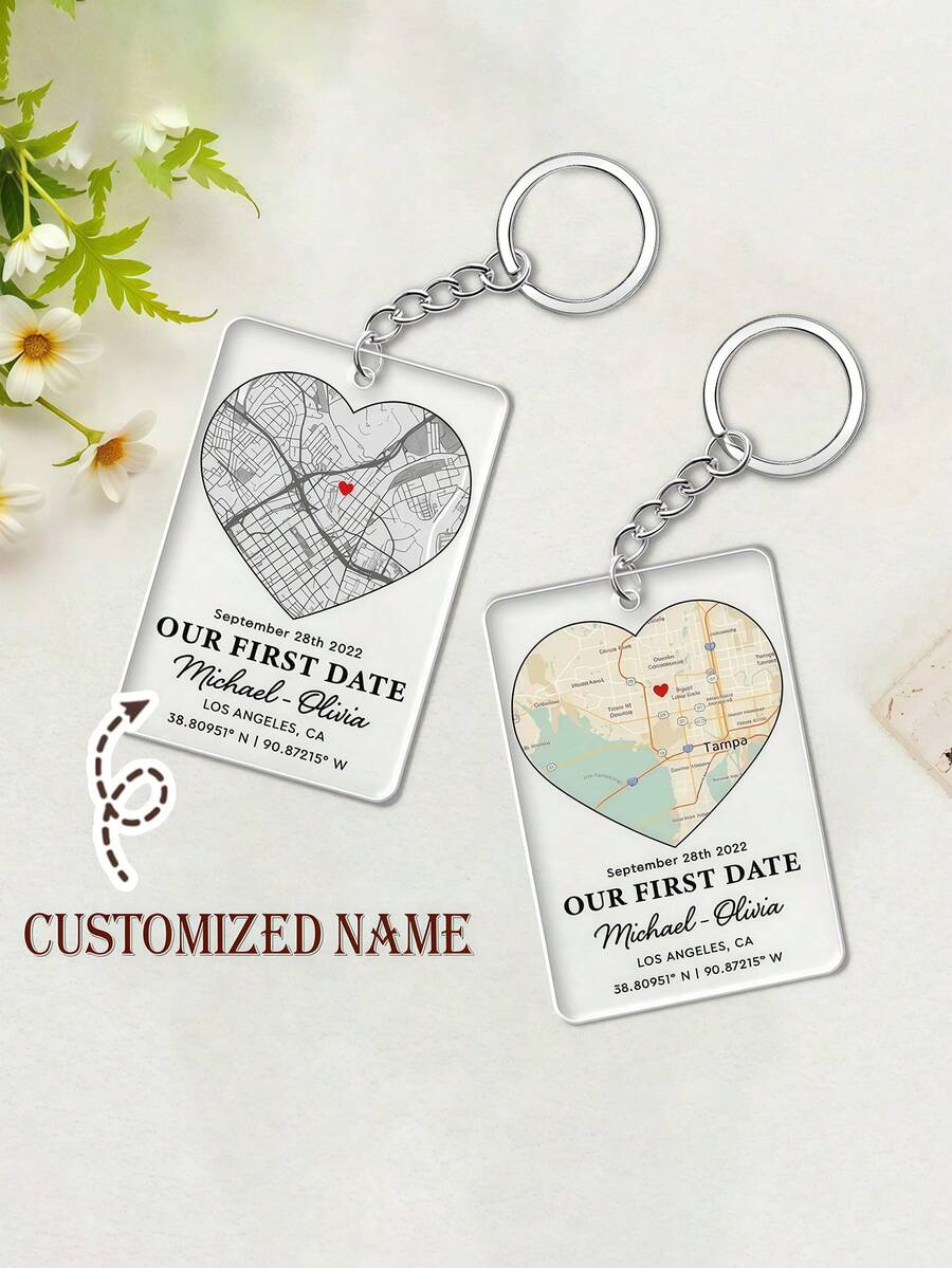 1pc/3pcs/5pcs Personalized Map Keychain, Customized Couple Jewelry, First Date Gift, Couple Keychain, Location Map Keychain, Valentine's Day Gift For Him - Transparent - View 1
