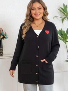 Plus Size Women's Casual Knit Cardigan With Pockets, Heart Pattern And Single-Breasted Buttons - Black - View 7