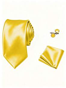 1 Set Men's 8cm Satin Tie, Pocket Square And Cufflinks Set, Suitable For Business Meetings, Wedding Parties, Groom Tie Set - Mustard Yellow - View 2