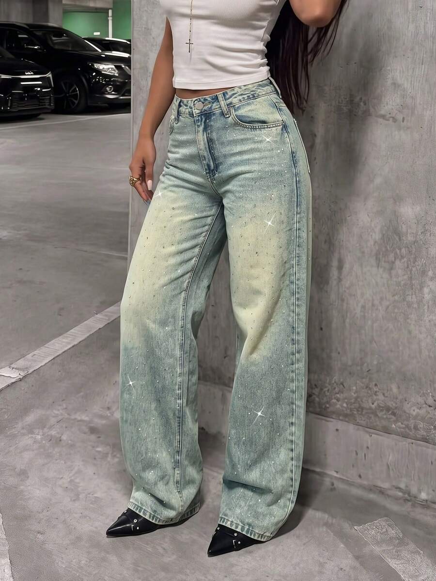 Mid-To-High Waist Distressed Washed Rhinestone Wide Leg Denim Jeans, Women's Vintage Loose Drapey Floor-Length Pants, Street Fashion Style - Nostalgic Color - View 1