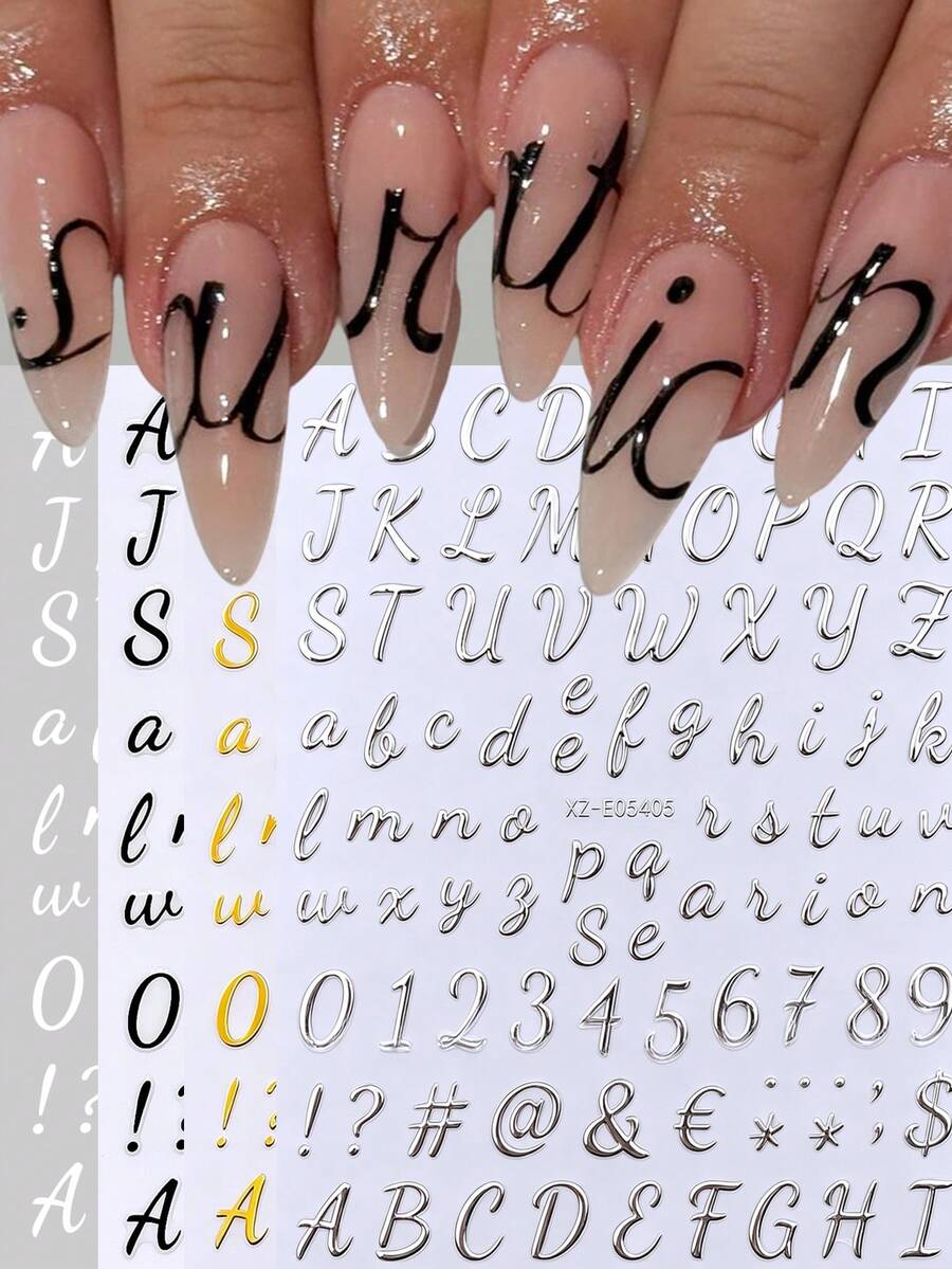 4件組字母美甲貼紙數字美甲貼花 3D自黏式奢華金銀黑英文字母美甲貼紙白色數字美甲用品 適合女性女孩美甲DIY