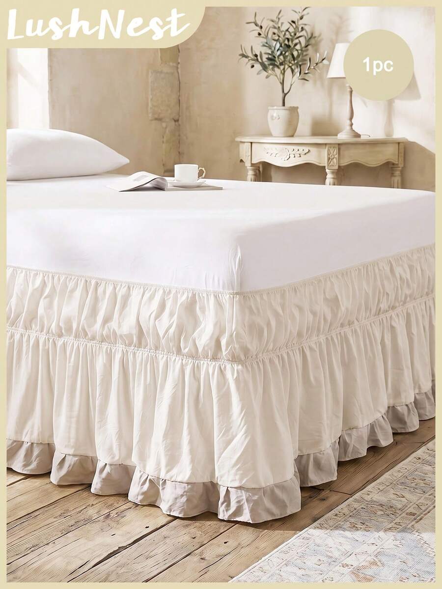 1 Solid Color Greige With Taupe Ruffled Ruffled Trim At The Bottom Bed Skirt (1 Bed Skirt), Simple Daily Cute Classic, Comfortable And Breathable Polyester Fiber, Suitable For All Seasons, Suitable For Bedroom Scenes, Home Decoration, Lace Bed Skirt - Beige - View 1