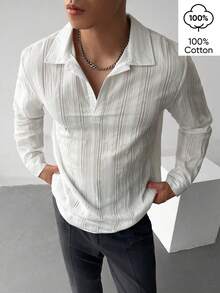 WAIT HIM 100% Cotton Men's Casual Jacquard Long Sleeve Shirt - White - View 3