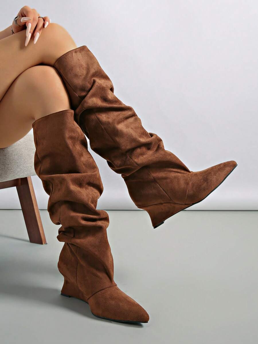 Vintage Ruched High Tube Boots For Women, Pointed Toe Wedge Heel, Fashionable Long Boots For Autumn/Winter - Coffee Brown - View 1
