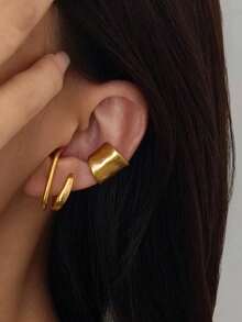 2pcs Fashionable Minimalist Geometric Copper Ear Clips Suitable For Women's Daily And Party Wear - Yellow Gold - View 6