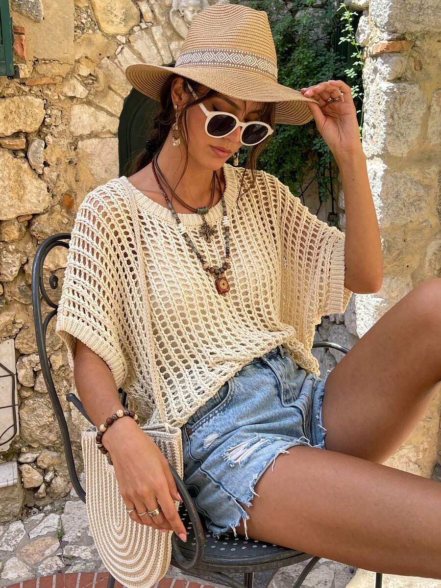 Women's Summer Mesh Knit Ribbed Crew Neck Short Sleeve Sweater T-Shirt Vacation Beach - Apricot - View 1