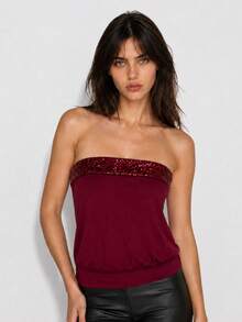 Zerodot Women Burgundy Strapless Sequin Elegant Tube Top Party Going Out Fall Pre Fall - Burgundy - View 1
