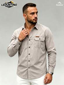 LEDUNTINO Spring/Summer Men's Fashion Button Casual Outdoor Shirt, Solid Green, Sports, Workwear, Boyfriend Gift, Men's Long Sleeve Spring/Autumn Shirt Top, Multi-Color, Dual Pockets, Turn Collar Shirt Spring/Autumn Clothing - Beige - View 1
