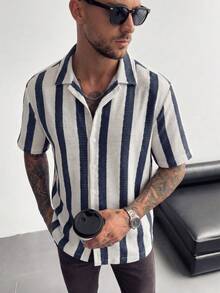 Mediterranean Style Men's Vacation Shirt, Striped Woven Shirt, Loose Cuban Collar Top, Fashionable Summer Vacation Top - Multicolor - View 2