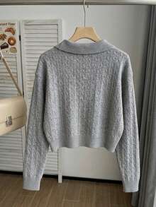 Sweater Rajut Pendek Warna Polos Gaya Preppy untuk Anak Perempuan Remaja, Dilengkapi Bordir Pita, Pullover Rajut, Lengan Panjang, Cocok untuk Pakaian Sehari-hari di Sekolah pada Musim Semi, Gugur, dan Dingin - Grey - View 4