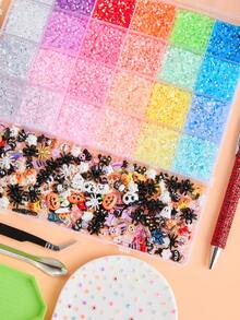 1 Box Halloween Nail Art Set, 24-Grid Rhinestone Set, Includes Resin Flat-Back Nail Rhinestones, Tweezers, Pen, Tray And Spoon, 3D Nail Art Decorations And Tools, Suitable For Nail Art And DIY Crafts - Multicolor - View 5