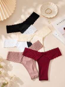 5pcs/Set Women's Lace Patchwork Thong Panties, Comfortable Skin-Friendly, Sexy Minimalist, Multi-Color Underwear Set - Multicolor - View 1