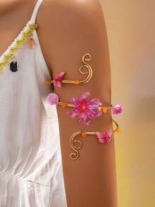 1pc Bohemian Floral Butterfly Arm Cuff Open Bangle Beach Vacation Body Accessory - Hot Pink - View 1