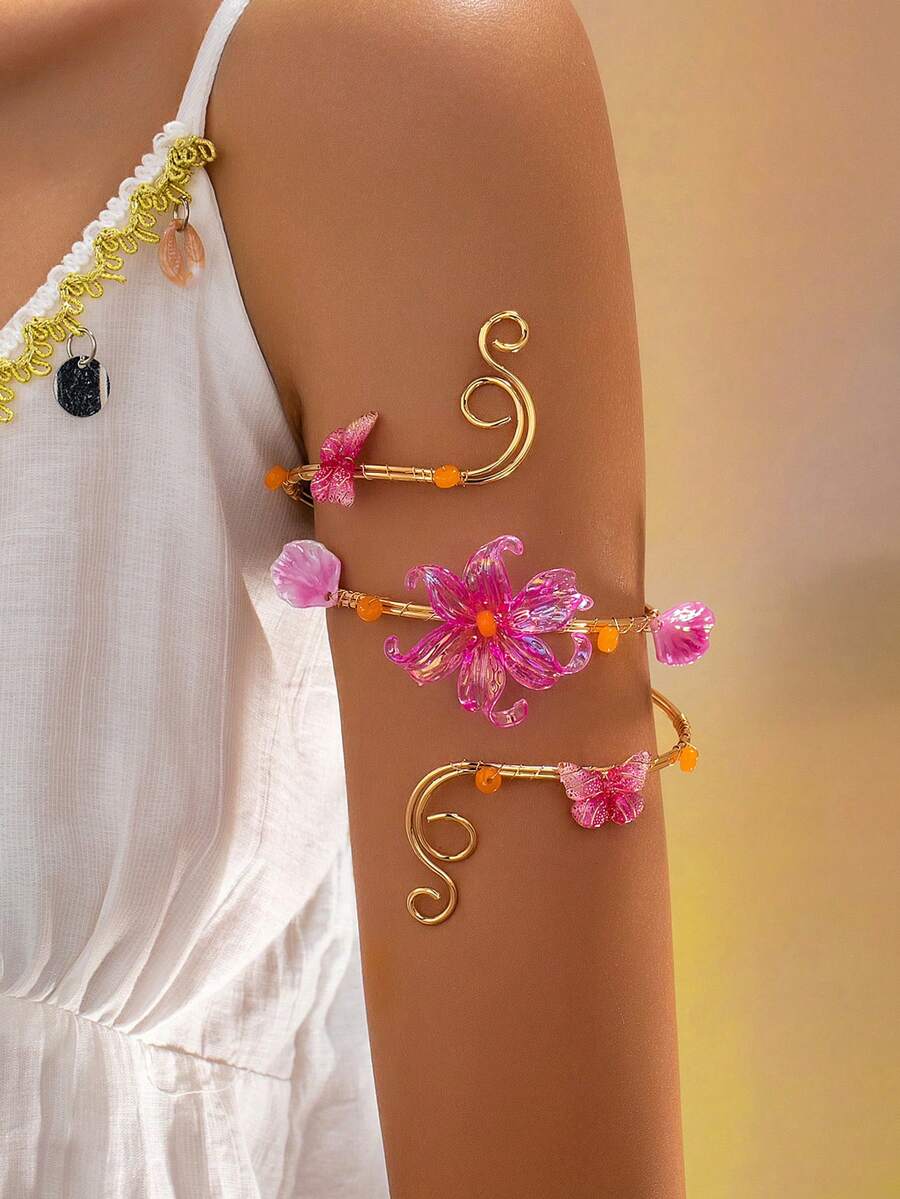1pc Bohemian Floral Butterfly Arm Cuff Open Bangle Beach Vacation Body Accessory - Hot Pink - View 1