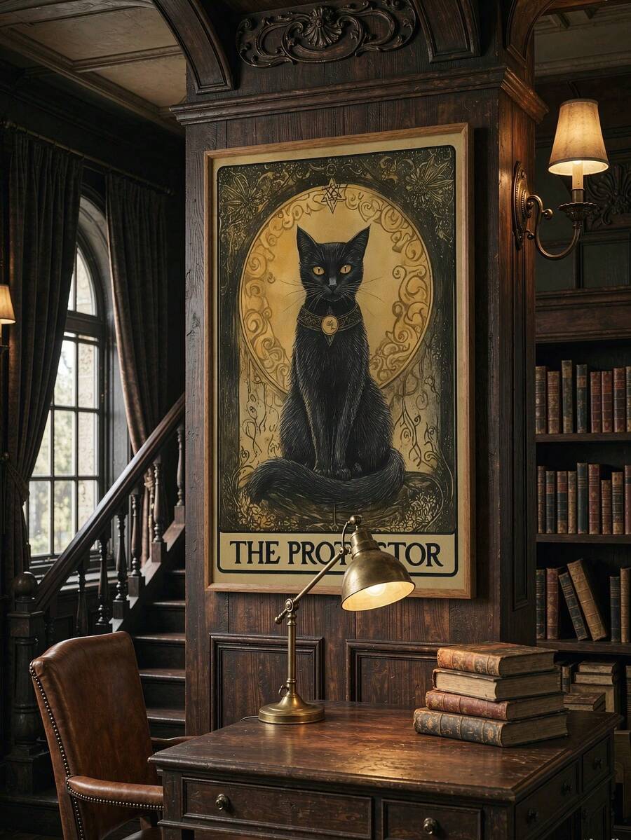 1pc Gothic Tarot Black Cat Guardian Poster, Mysterious Cat Decor, Suitable For Living Room, Bedroom, Bathroom, Office, Perfect Gift For Tarot And Cat Lovers, Cat Decor, Bedroom Decor, Home Accessories, Dark Aesthetic, Home Decor - Multicolor - View 1