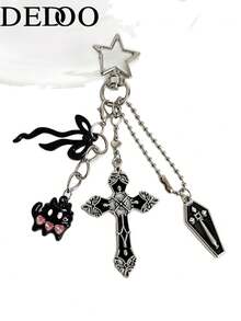 Dedoo Dark Cross Cat Pattern Bag Charm Keychain, Alloy Star Buckle Bow Detachable Pendant, Gothic Y2K Style, Suitable For Girls Students Christmas Gift Daily Wear - Multicolor - View 7