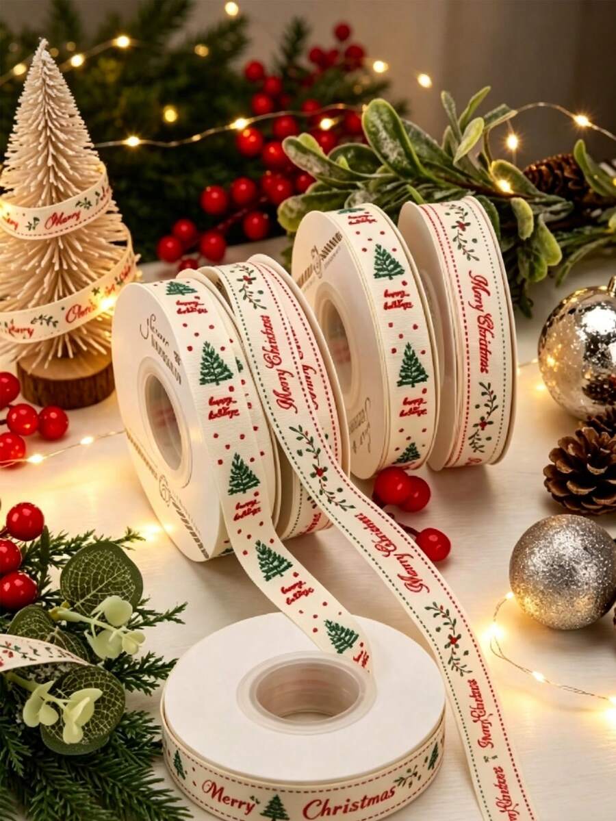 1pc "Merry Christmas" Themed Decorative Ribbon-Featuring Patterns Of Christmas Trees, Red Berries, And Stars; Suitable For Gift Wrapping, Decorating Cakes And Bouquets, Wreath Making, New Year's Parties, Christmas Dinners, And More. - One Size Fits All - View 1
