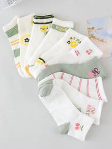 5/10 Pairs Random Women's Cherry Blossom Striped Print Socks, Soft Cute Sweet Casual Socks, Suitable For Daily Wear And Sports - Multicolor - View 3