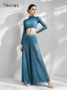 DonsGirl Women's High Neck Cropped Top & Ultra Soft Elastic Mesh Wide Leg Pants Set, 2-Piece, Suitable For Modern Ballet, Aerial Yoga And Daily Wear - Blue - View 2