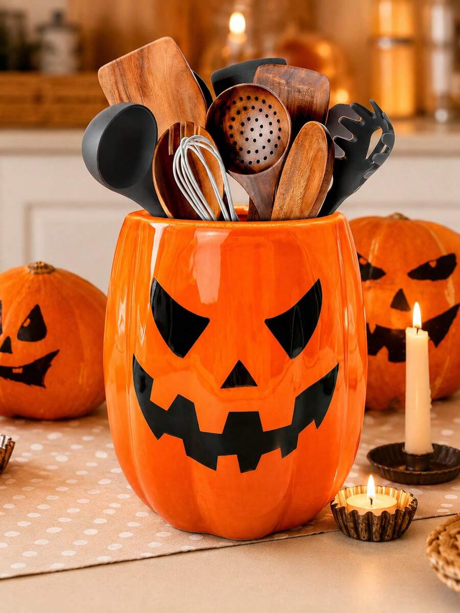 1pc Halloween Pumpkin Jack-O'-Lantern Storage Box, Cute Autumn Home Decor Organizer, Suitable For Makeup Brushes, Kitchen Supplies, Desk And Vanity Essentials - Multicolor - View 1
