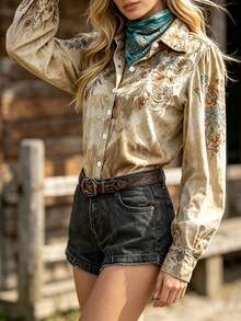 Women's All-Season Western Cowboy Style Vintage Bohemian Gradient Print Shirt, Cowgirl Vintage Botanical Print Top, Earth Tone Tie Dye Retro Long Sleeve Blouse, Lapel Single-Breasted Design, Perfect For Ranch Outings, Country Vacations, Western Music Festivals, Daily Commute, Theme Parties - Apricot - View 9