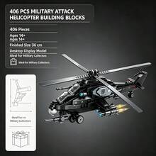406 PCS Balok Bangunan Helikopter Serang Militer, Model Pajangan Pesawat Tempur Dewasa, Hadiah untuk Halloween, Natal, Thanksgiving, Ulang Tahun - Hitam - View 7