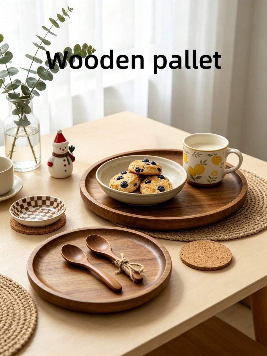 Round Wooden Tray, Restaurant Serving Platter, Multi-Functional Snack Tray, Kitchen Accessory, Autumn Home Decor, Bathroom Storage Tray, Suitable For Dining Table, Holiday Party, Desktop Christmas Decoration - View 1