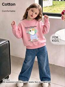 Tween Girl Round Neck Sweatshirt, Cartoon Dog Wearing Headphones Letter Print Pure Cotton Pullover - Pink - View 3