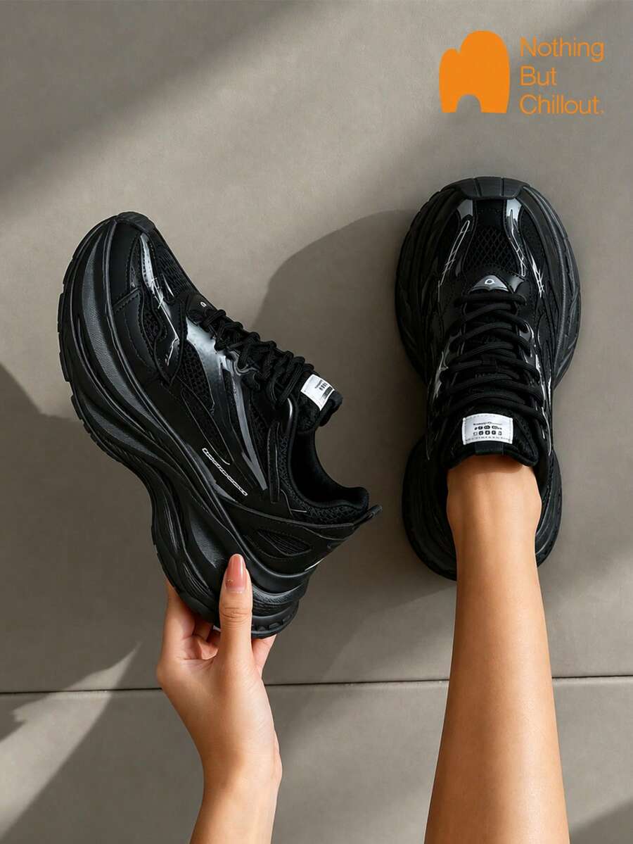 NBCT Women's Chunky Sneakers Thick Sole Height-Increasing Mesh Breathable Outdoor Casual Shoes - Black - View 1
