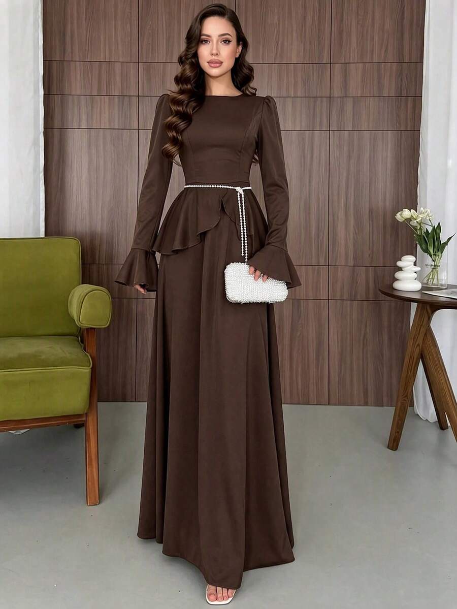 Gaun Panjang Elegan Wanita dengan Lengan Mengembang Berumbai - Coklat - View 1
