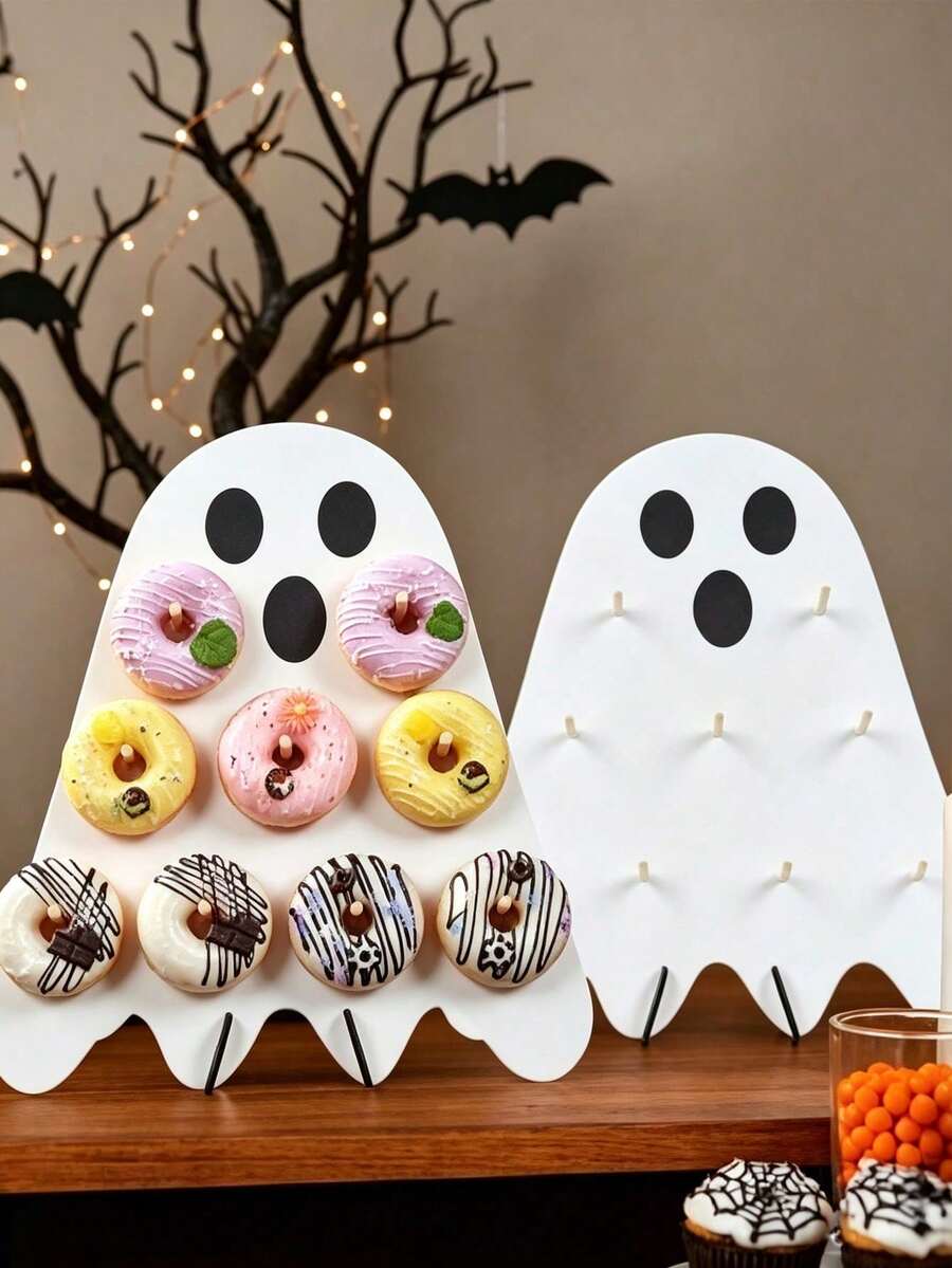1 Set Halloween Donut Display Stand, White Ghost Donut Display Rack, Wooden Donut Display Stand For Home, Halloween Party Food Display Rack, Trick Or Treat, Scary Party Food Display Rack, Halloween Cute Ghost Cake Tray, Halloween Banquet Dessert Display Stand, DIY Dessert Cake Decoration, Restaurant Food Tray, Kitchen Cooking Storage Rack, Halloween Decoration, Party Gift - White Ghost - View 1