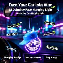 1Pc Cool Smiling Face Car Hanging Neon Light With Hat, USB Rechargeable LED Auto Rearview Mirror Pendant Lamp, Colorful Glowing Interior Decor Ornament - Multi-color light - View 9