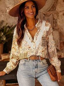 Acelitt Women's Casual Mixed Floral Lace Patchwork Shirt Collar Long Sleeve Button-Down Blouse, Suitable For Spring/Autumn Vacation - Multicolor - View 1