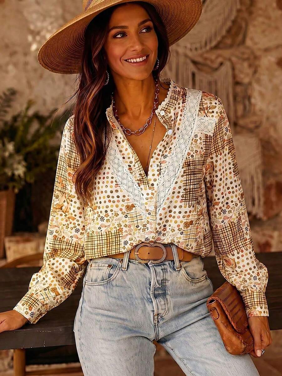 Acelitt Women's Casual Mixed Floral Lace Patchwork Shirt Collar Long Sleeve Button-Down Blouse, Suitable For Spring/Autumn Vacation - Multicolor - View 1