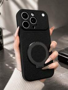 MewTrek Luxury Litchi Texture PU Leather Phone Case, Magnetic Ring Stand, Large Lens Opening, Full Coverage Shockproof Anti-Drop Protective Shell, Compatible With IPhone, Galaxy, Honor, Reno, MOTO - Black - View 2